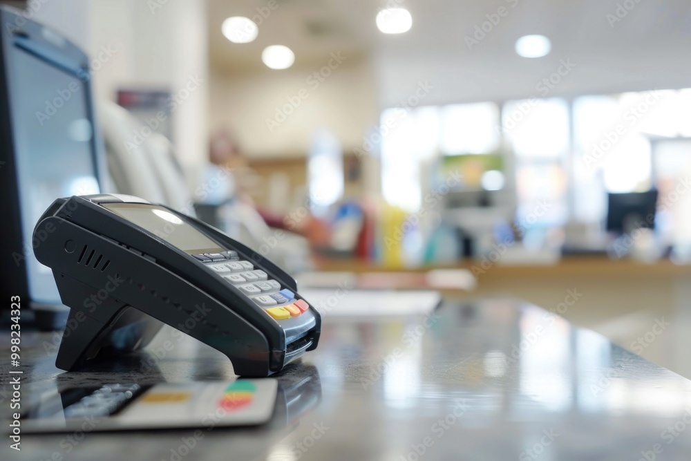 A credit card machine sitting on a countertop, ready for use A credit card machine sitting on a countertop, ready for use