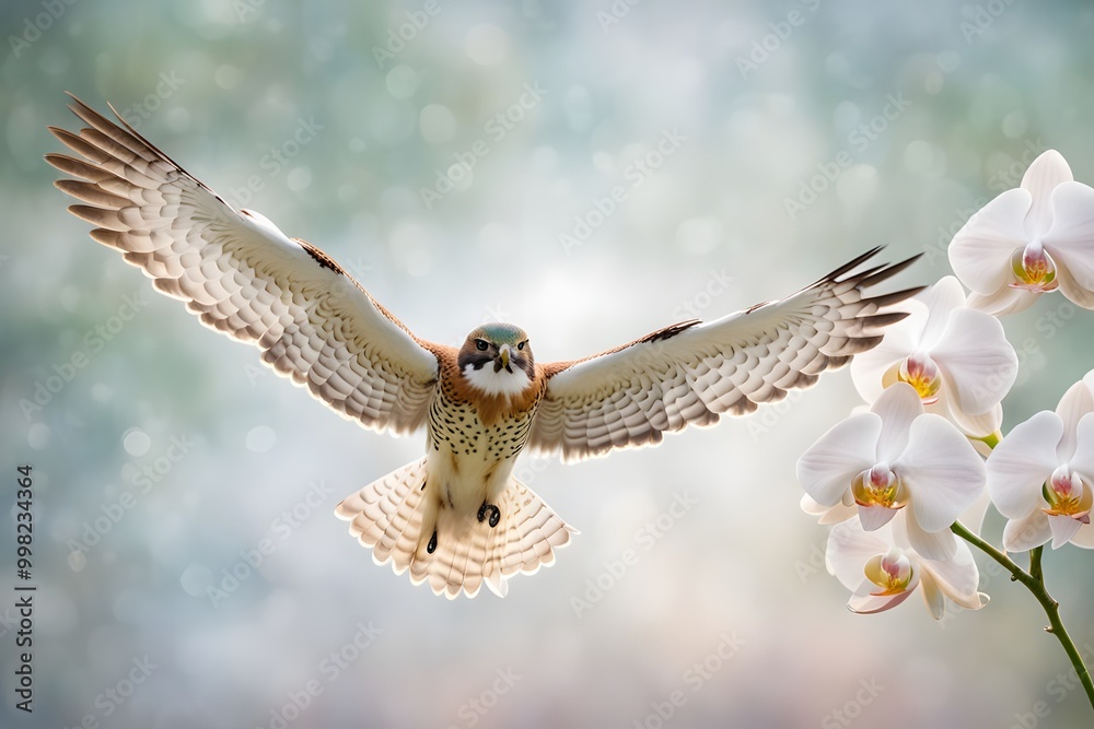Fototapeta premium A kestrel adorned with white orchids on its back soaring above a misty pastel-colored bokeh background, AI Generated