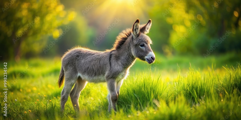 A charming baby donkey stands gracefully in a lush green pasture, bathed in soft light, surrounded by a soothing and gentle atmosphere for a serene moment. A charming baby donkey stands gracefully in a lush green pasture, bathed in soft light, surrounded by a soothing and gentle atmosphere for a serene moment.