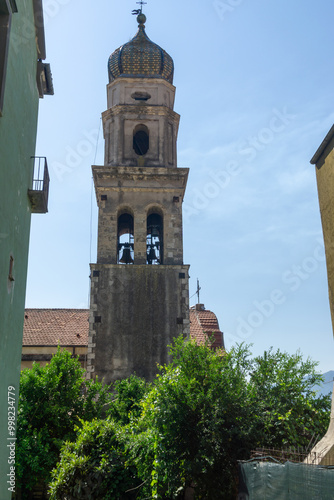 View of the bell tower of the church of Santissima Annunziata, a religious building built in 1600 in Venafro, province of Isernia, Molise, Italy