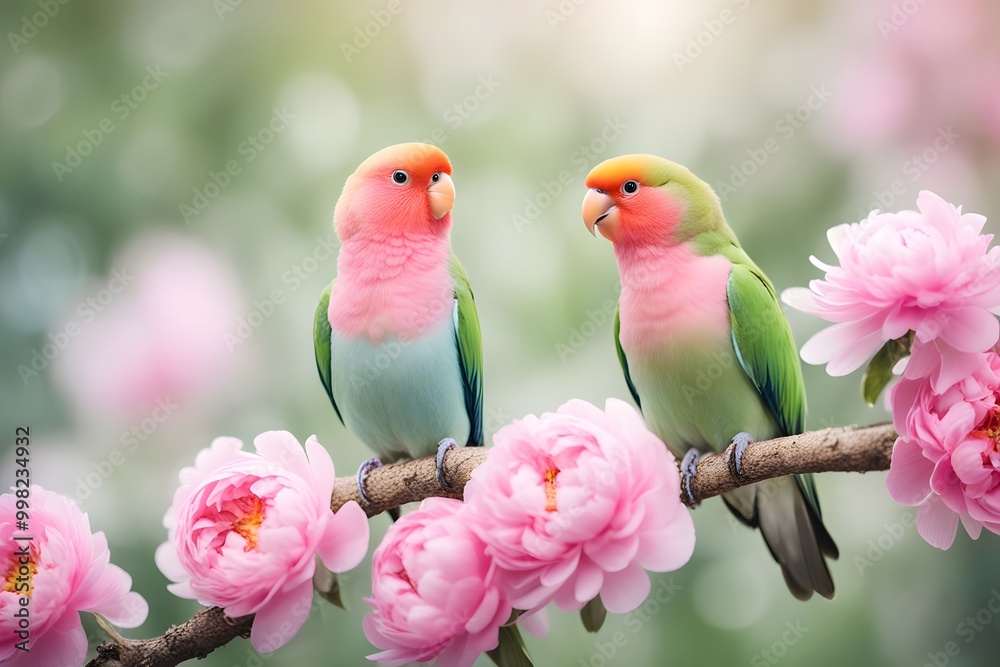 A lovebird with pink peonies blooming from its back standing on a branch, AI Generated A lovebird with pink peonies blooming from its back standing on a branch, AI Generated