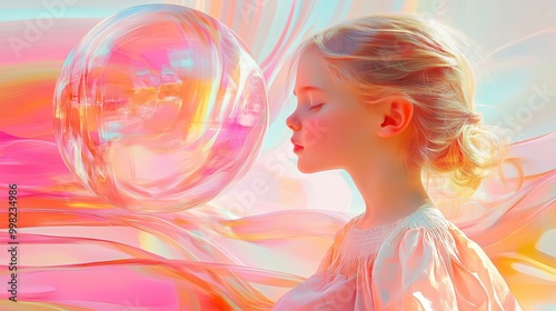 Creative illustration with a child, against a background of large colored shimmering soap bubbles. The image exudes a sense of wonder and childlike innocence.