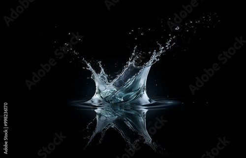 Water droplets splash and form a crown shape against a black background. The droplets create a ripple effect on the surface of the water.