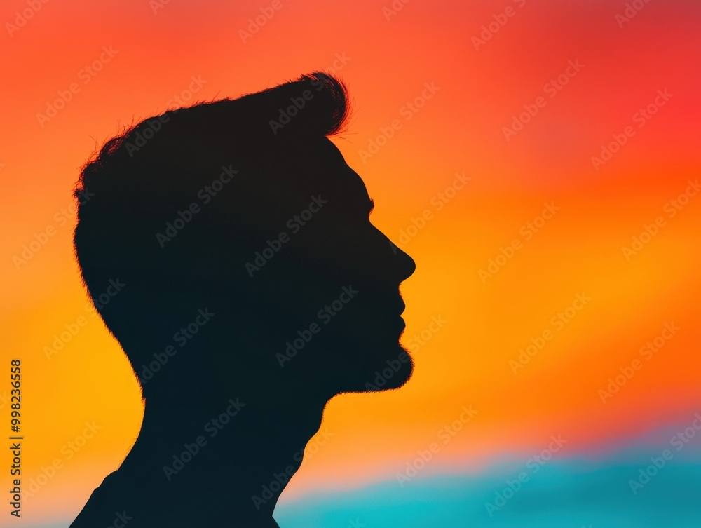 Silhouette of a man against a vibrant sunset sky painting hues of orange and pink Silhouette of a man against a vibrant sunset sky painting hues of orange and pink