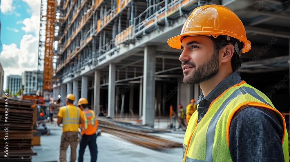 Construction foreman in a hard hat and reflective vest smiles while overseeing the progress of a building under construction, surrounded by workers and cranes. Construction foreman in a hard hat and reflective vest smiles while overseeing the progress of a building under construction, surrounded by workers and cranes.