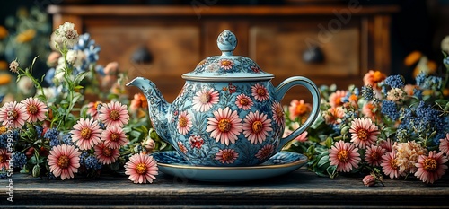 Blue teapot with floral design on a wooden table surrounded by pink flowers. photo