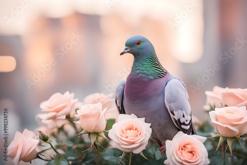 A pigeon with pastel-colored roses growing from its back, Ai Generated photo