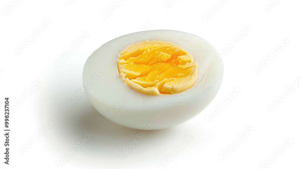 A halved hard boiled egg on a plain white surface A halved hard boiled egg on a plain white surface