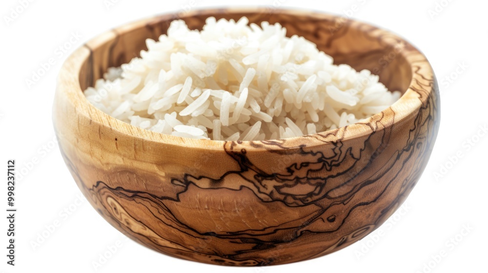 A simple wooden bowl filled with white rice sits on a table, ready for use A simple wooden bowl filled with white rice sits on a table, ready for use
