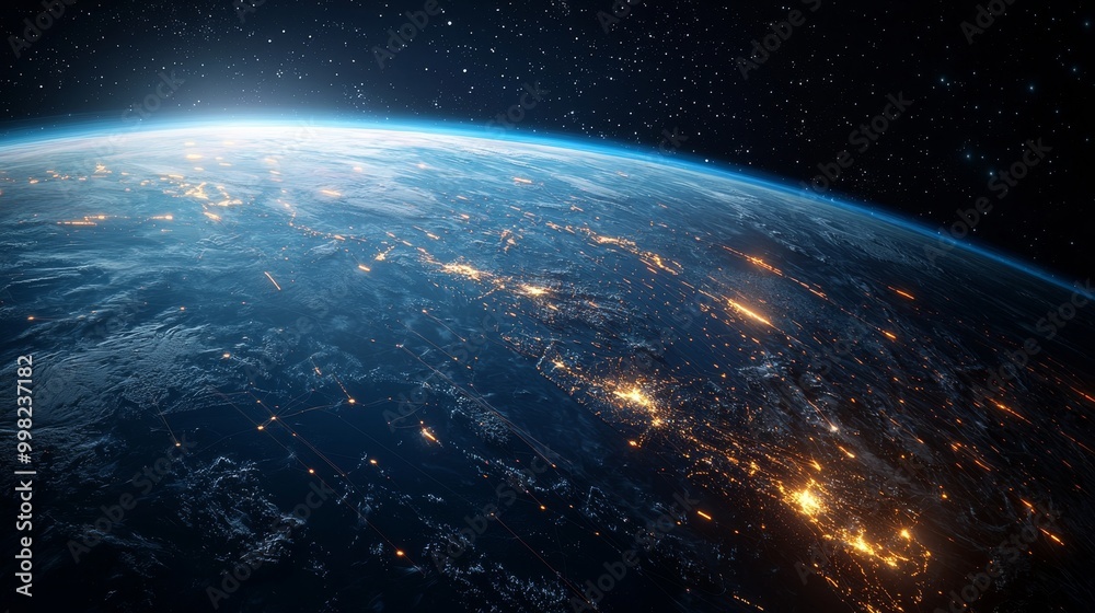 Obraz premium A Stunning View of Earth: Captured from Space, Showcasing the Majestic Curvature and Lights of Cities Against a Starry Backdrop