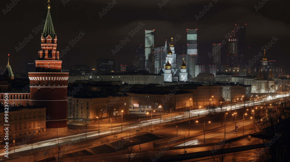 Obraz premium A beautifully lit city at night with a prominent clock tower