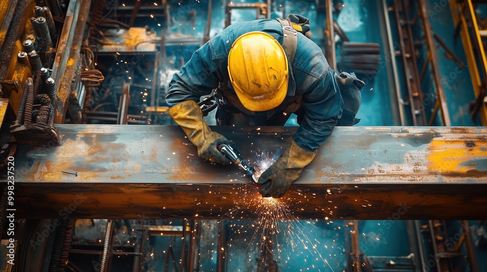 Construction worker welding steel beams on site. Construction worker ...