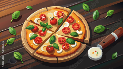 Close-up top View of Italian Traditional Neapolitan, Pepperoni, Margaritas Hot Pizza with mozzarella cheese, and tomato sauce.