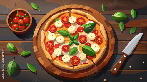 Close-up top View of Italian Traditional Neapolitan, Pepperoni, Margaritas Hot Pizza with mozzarella cheese, and tomato sauce.