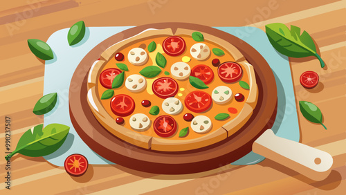 Close-up top View of Italian Traditional Neapolitan, Pepperoni, Margaritas Hot Pizza with mozzarella cheese, and tomato sauce.