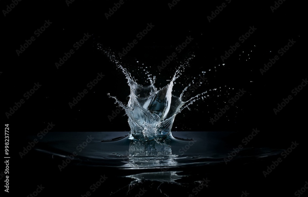 Water droplets splash up creating a crown-like shape against a dark background. Water droplets splash up creating a crown-like shape against a dark background.