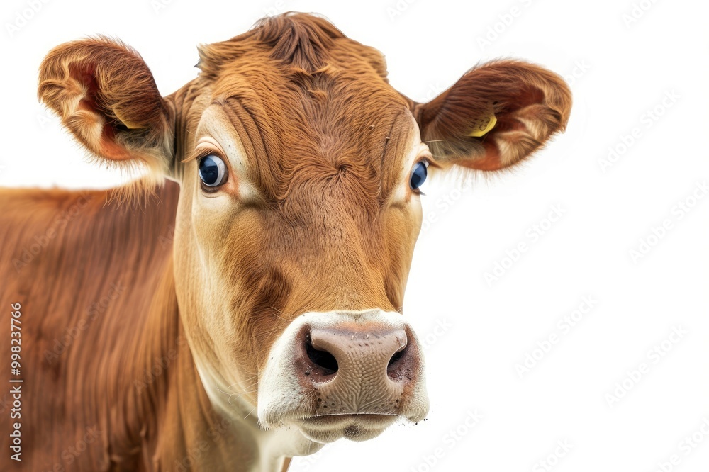 Surprised cow with goofy face mooing and looking at camera, isolated on white background. Close up portrait of funny animal. Surprised cow with goofy face mooing and looking at camera, isolated on white background. Close up portrait of funny animal.