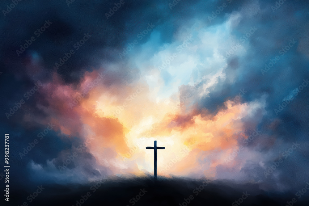 Dramatic landscape of a cross silhouetted against vibrant clouds and dynamic skies, symbolizing faith, hope, and spirituality in a powerful, emotional scene. Dramatic landscape of a cross silhouetted against vibrant clouds and dynamic skies, symbolizing faith, hope, and spirituality in a powerful, emotional scene.