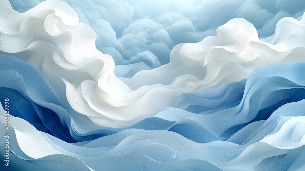 Obraz premium A serene composition of soft white and blue waves, evoking calmness and tranquility in a dreamy atmosphere.