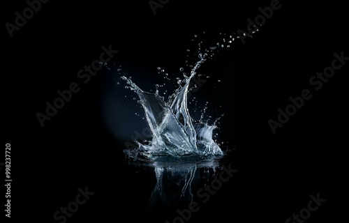 Water splash with droplets against a dark background.