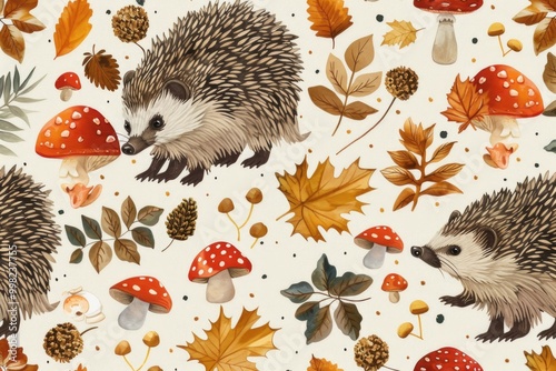 A group of hedgehogs amidst autumn foliage and mushrooms, great for seasonal or nature-themed projects photo