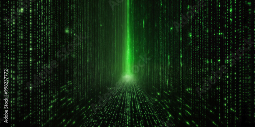 Matrix style background. Green falling code on a dark abstract background. Computer virus and hacker screen wallpaper. Big data. Corrupted code.