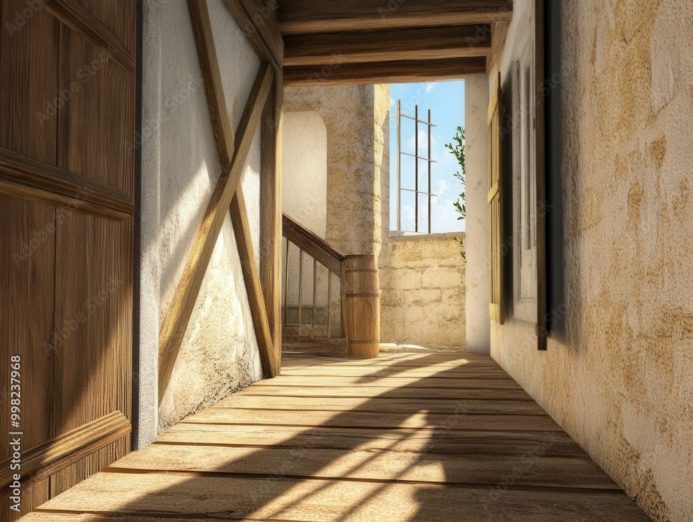 A serene wooden hallway with sunlight casting shadows in a quaint countryside home A serene wooden hallway with sunlight casting shadows in a quaint countryside home