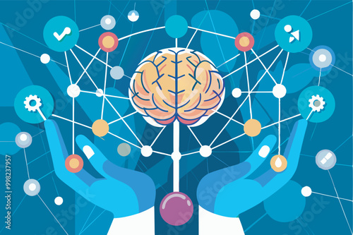 Image showing a yellow brain connected to colorful icons on a blue background, depicting neural networks and cognitive processes