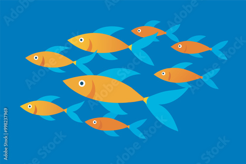 A school of colorful cartoon fish in a deep blue sea, with dominant orange and yellow fish. Creative depiction with no text, suggesting an artistic representation.