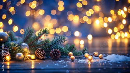 Pine Branches with Hanging Stars and Festive Christmas Lights on Blue Background