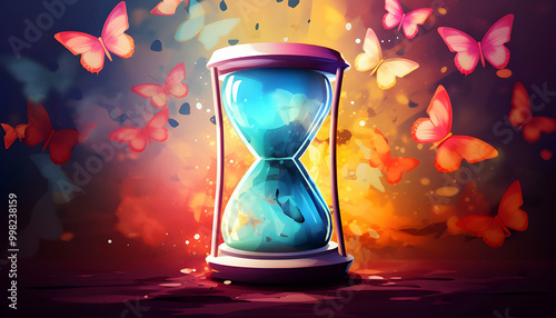 a colorful hourglass with butterflies on it is surrounded by a colorful background