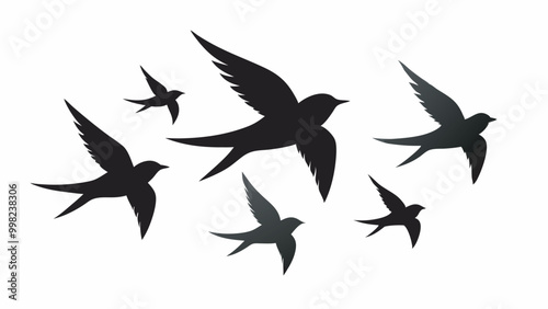 Minimalist image with six black swallow silhouettes on a white background. Two have star icons on their chest in green or blue-green. Dynamic arrangement suggests movement.
