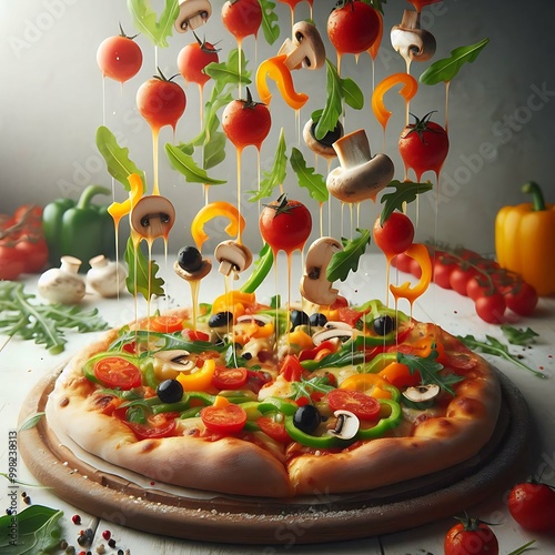 Delicious pizza with flying ingredients on white background
 photo