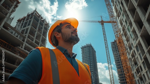 Construction worker in a hard hat and reflective vest looks up at tall high-rise buildings under construction, with cranes visible in the background. photo