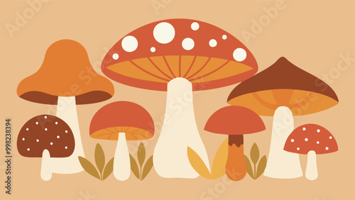 A digital drawing of seven colorful mushrooms with unique features, set against a light orange background, creating a retro aesthetic.