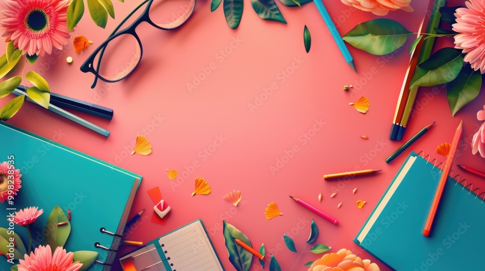 Flowers, pens, and notebooks arranged on a pink background, perfect for branding or educational themes Flowers, pens, and notebooks arranged on a pink background, perfect for branding or educational themes