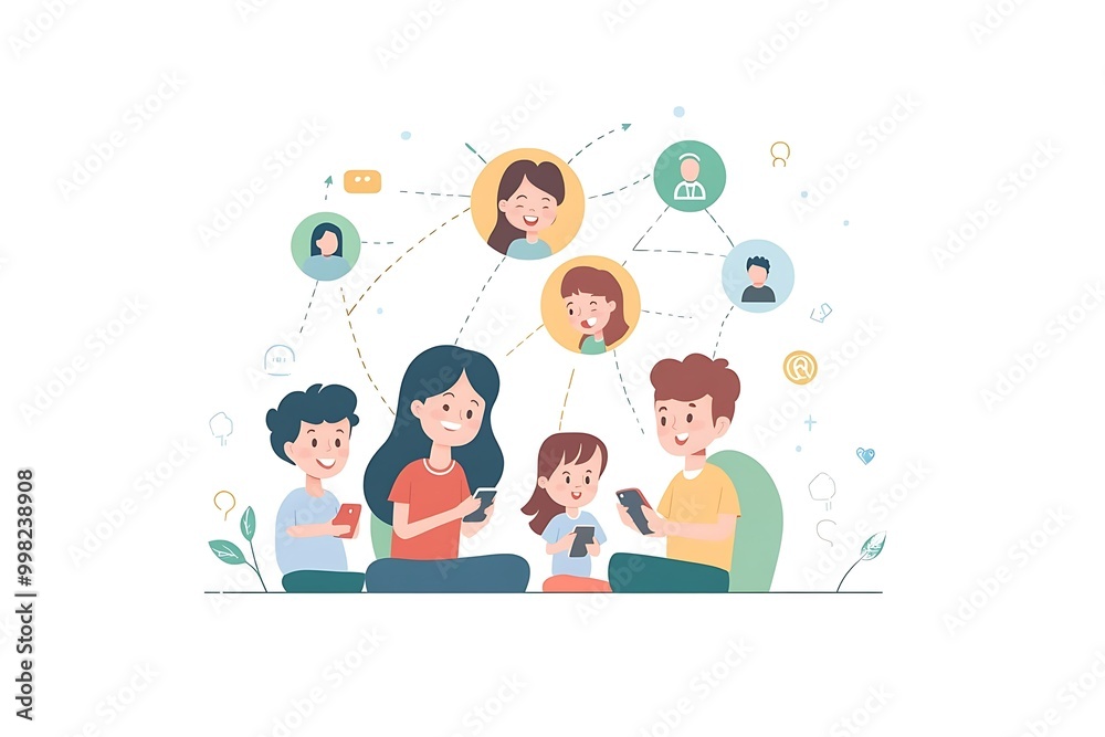 Family interacting with devices and connecting online. Family interacting with devices and connecting online.