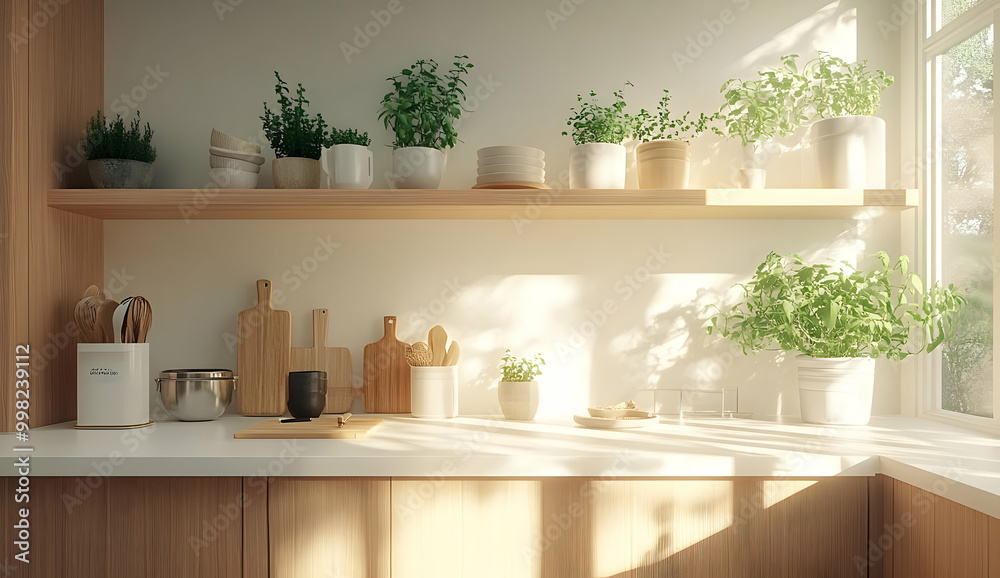 Minimalist Kitchen with Light Wood Cabinets and Greenery Minimalist Kitchen with Light Wood Cabinets and Greenery