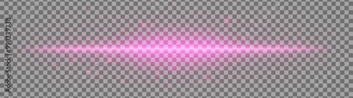 Horizontal purple light effect isolated on transparent background. Bright glowing beam with lens flare and soft glow. Graphical patch of reflected light. Abstract rays. Vector illustration.