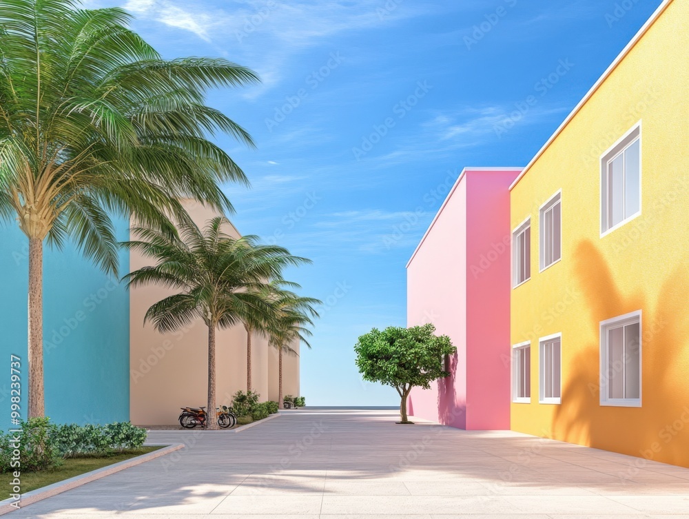 A vibrant pathway lined with palm trees and colorful buildings under a clear blue sky A vibrant pathway lined with palm trees and colorful buildings under a clear blue sky