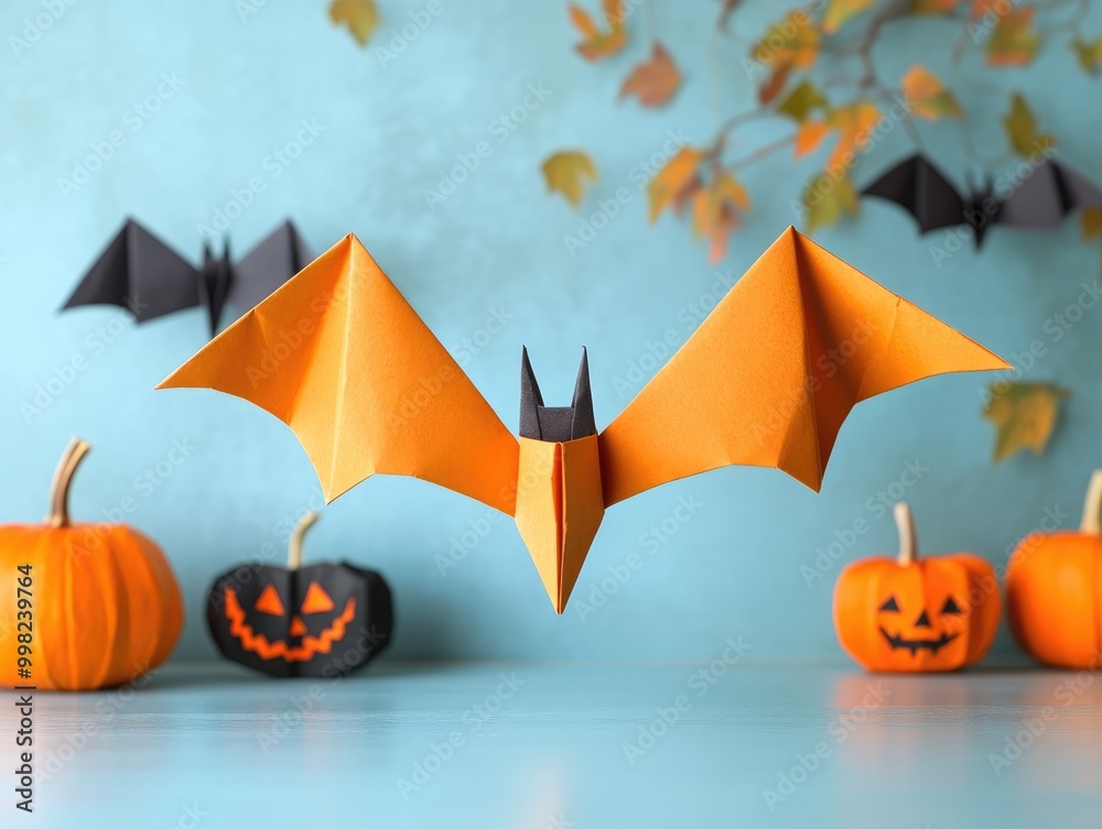 Halloween decorations and origami bat by child on blue background Halloween decorations and origami bat by child on blue background