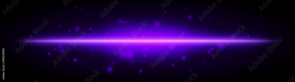 Obraz premium Horizontal purple light effect isolated on dark background. Bright glowing beam with sparkles and lens flare. Graphical patch of reflected light. Abstract rays. Vector illustration.