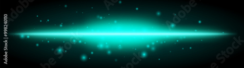 Horizontal blue light effect isolated on dark background. Bright glowing beam with sparkles and lens flare. Graphical patch of reflected light. Abstract rays. Vector illustration.