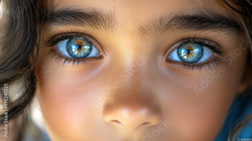 A young girl with brown hair and blue eyes. The eyes are bright and captivating. The girl's face is framed by her hair, which is styled in a way that accentuates her eyes