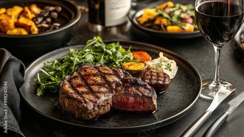 A luxurious steak dinner set for two, featuring beautifully plated steaks, sides, and elegant wine glasses, creating a romantic and indulgent dining experience.