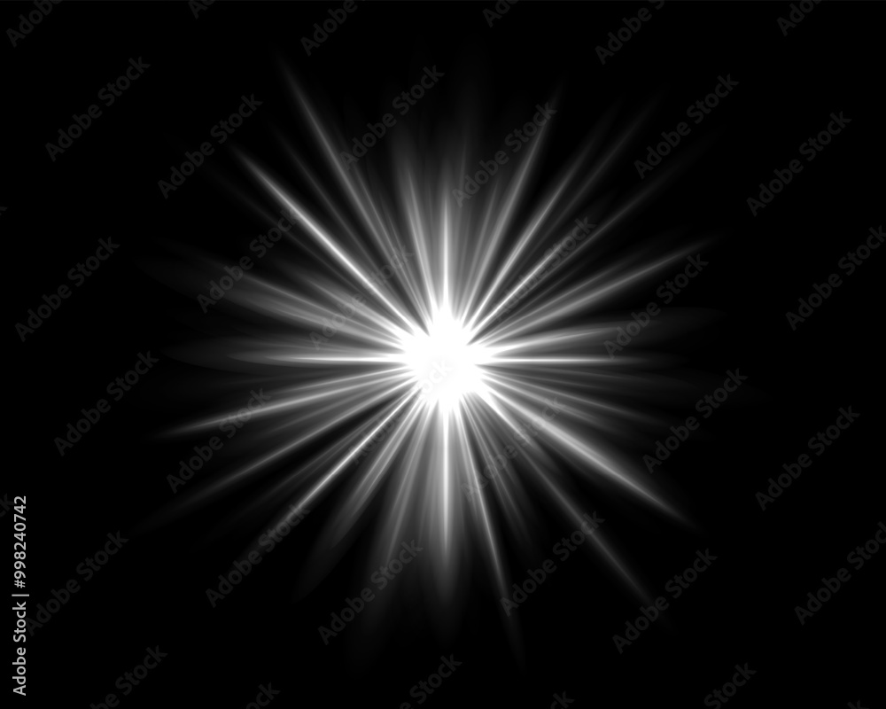 Obraz premium Abstract green star explosion. Glowing starburst effect isolated on dark background. Radiant beams with bright glowing center. Graphical patch of reflected light. Lens flare. Vector illustration.