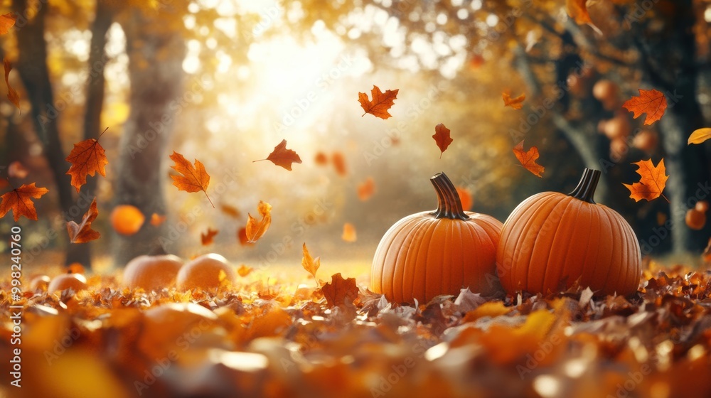 Halloween Pumpkins with Autumn Leaves Halloween Pumpkins with Autumn Leaves