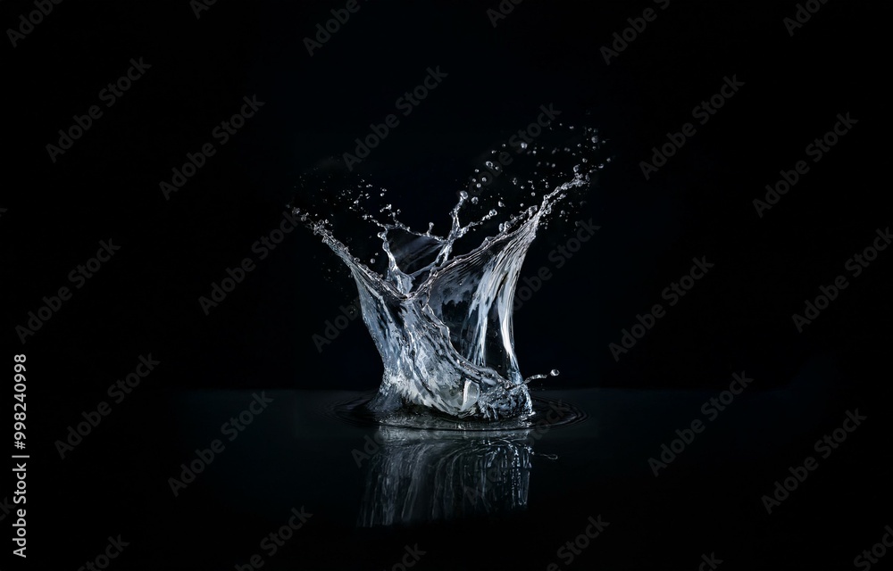 Water splash with droplets frozen in time against a black background. Water splash with droplets frozen in time against a black background.