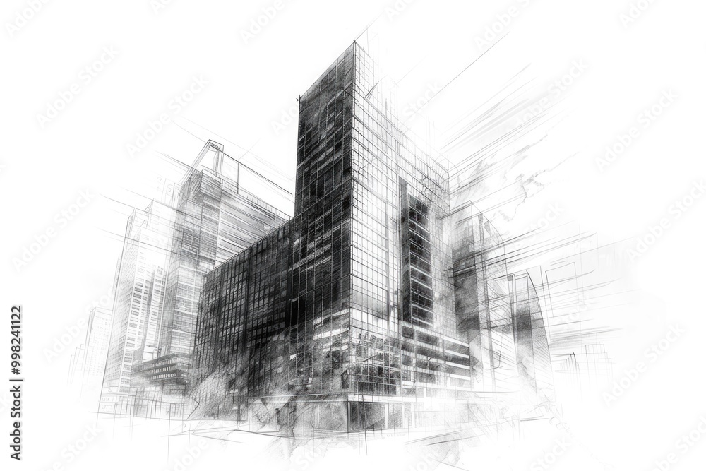 Black and white photo of a tall building's silhouette against the sky Black and white photo of a tall building's silhouette against the sky