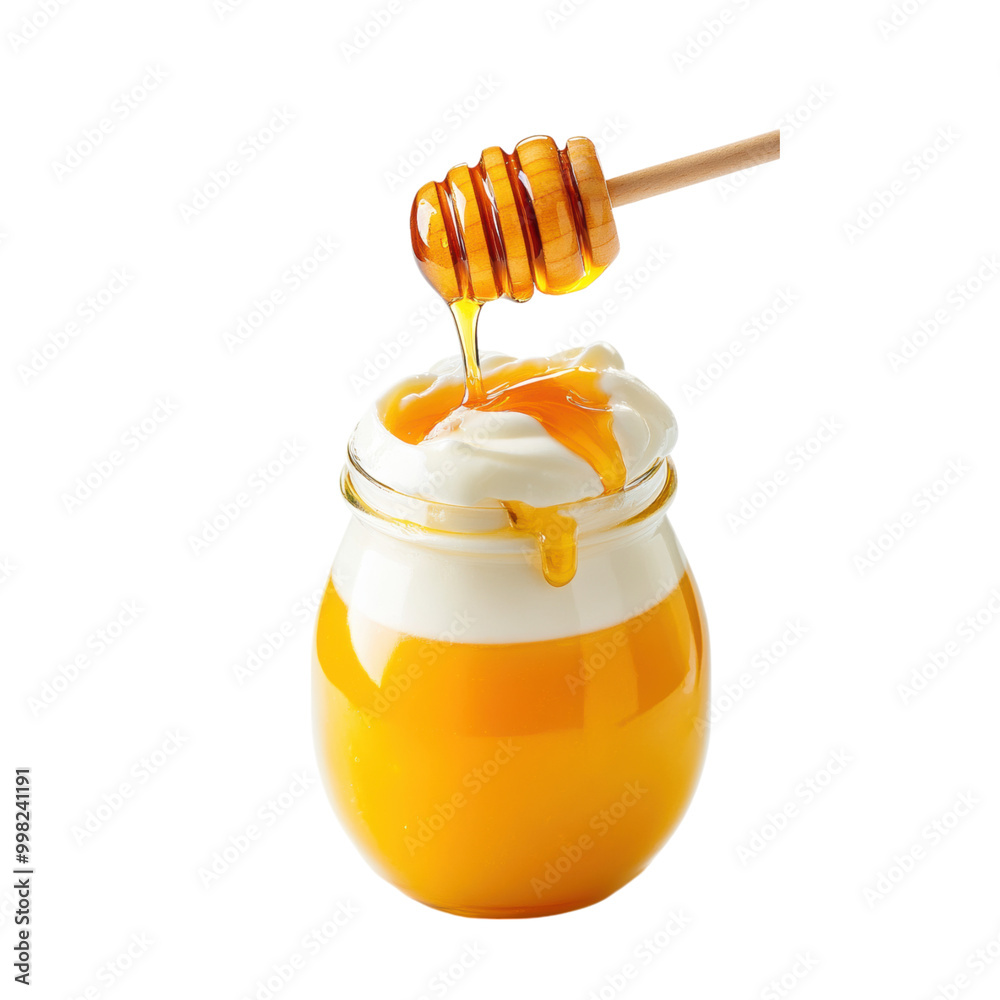 Jar of honey with a wooden dipper and spoon isolated Jar of honey with a wooden dipper and spoon isolated